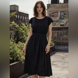 Nipon Boutique 100% Silk Black Dress Cap Sleeve Back Buttons M